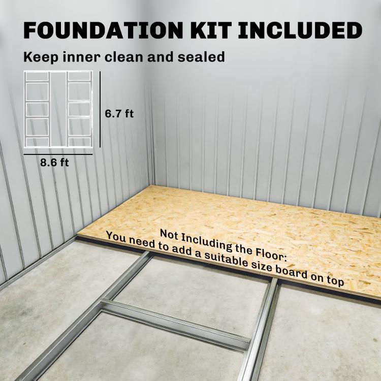 Foundation kit diagram for metal shed showing base frame on a prepared floor