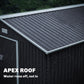 Apex roof close-up on dark gray metal shed with ridged roof panels