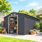 Dark gray metal storage shed with open door and shelves for garden tools