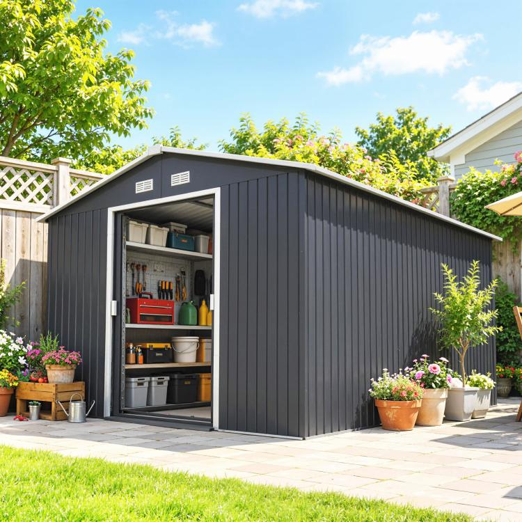 Dark gray metal storage shed with open door and shelves for garden tools