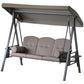 3-seat outdoor swing glider with adjustable canopy, dark frame, taupe back cushions
