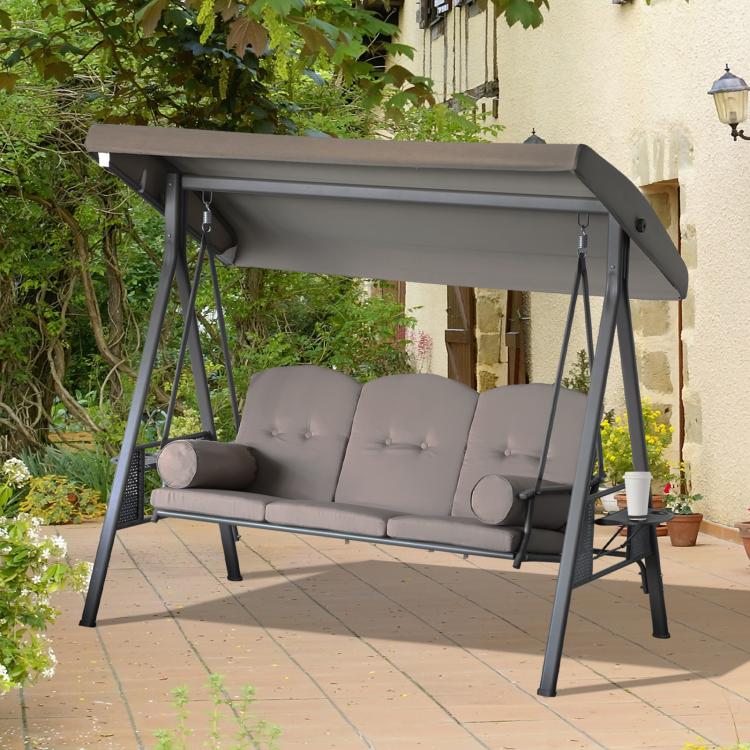 3-seat outdoor swing glider with dark frame and taupe seat cushions, canopy overhead