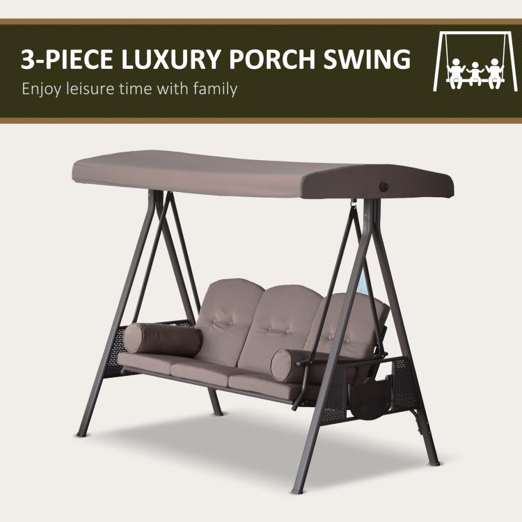 3-piece luxury porch swing with adjustable canopy, dark frame, and taupe 3-seat cushions
