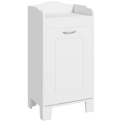 White laundry storage cabinet with hinged front door and small center drawer pull