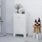White laundry cabinet with side legs, curved shelf, and front door for storage