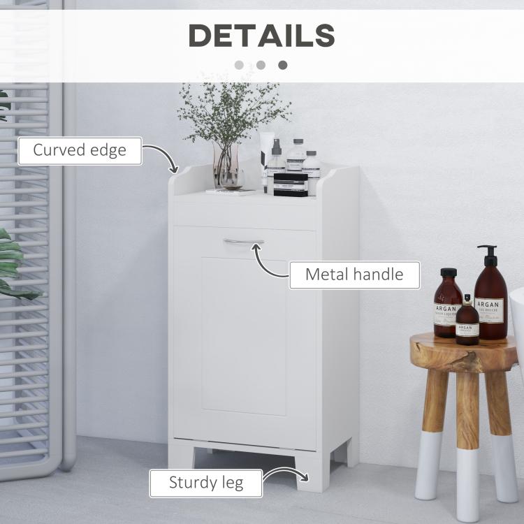 White cabinet with metal handle, curved edge top, and sturdy legs
