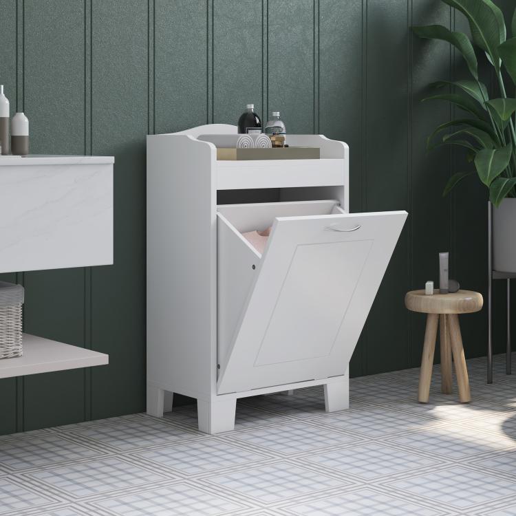 White cabinet with tilt-out hamper open; curved top shelf and panel door