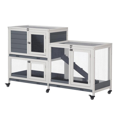 Elevated small animal rabbit hutch with white frame, dark gray doors, wire mesh panels