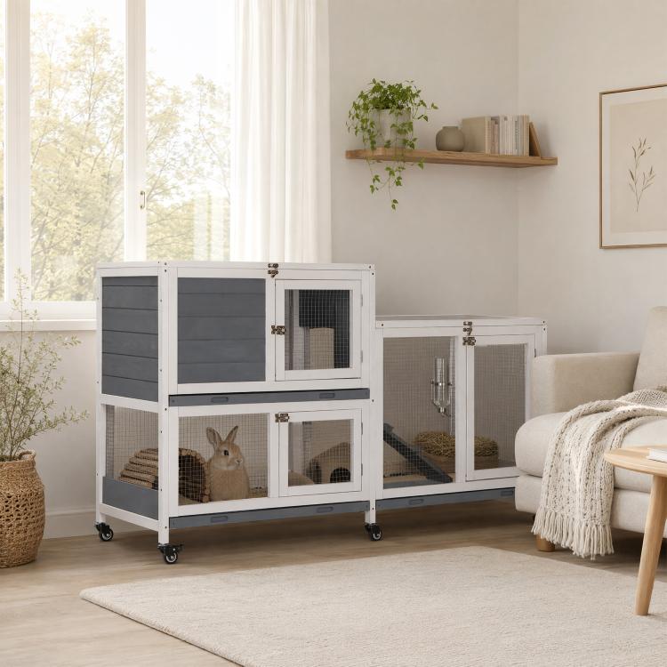 Elevated rabbit hutch cage with white frame and wire mesh doors on wheeled base
