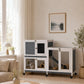 Elevated rabbit hutch with two tiers, white frame and wire mesh doors on wheels