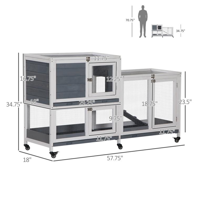 Two-tier elevated rabbit hutch with white frame and wire mesh doors on caster wheels