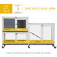 Two-tier rabbit hutch with white frame, dark gray panels, wire mesh doors, caster wheels