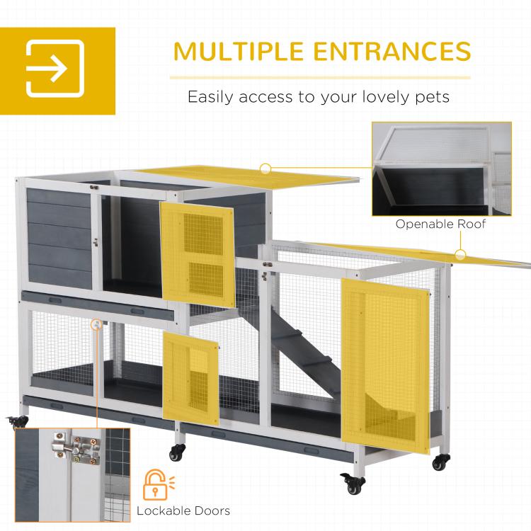 Rabbit hutch with multiple access doors, white frame, wire mesh panels, caster wheels