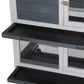 Close-up of elevated rabbit hutch plastic tray and wire mesh window, white frame