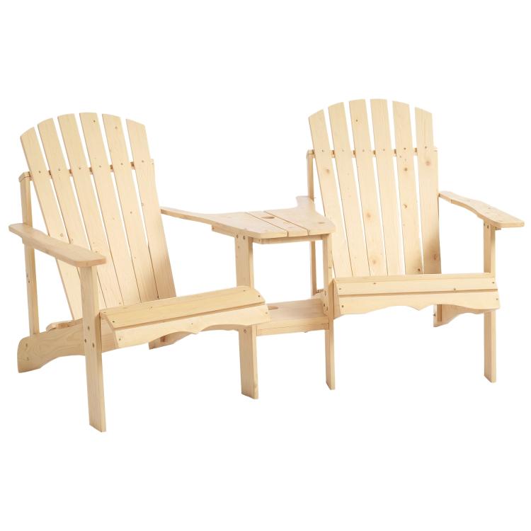 Natural wood two-person Adirondack bench with two slatted chairs and center side table.