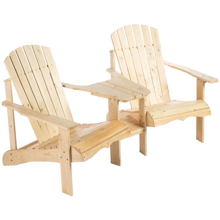 Natural wood two-person Adirondack bench with two slatted backs and center seat platform.