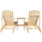 Two natural wooden Adirondack chairs with small fire pit table in between