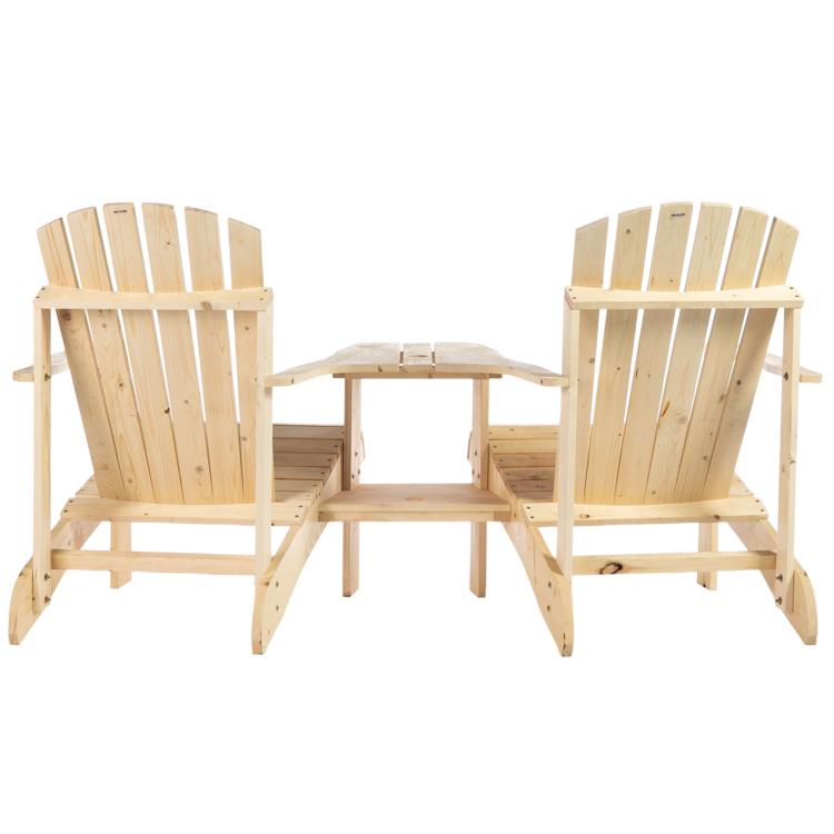 Two natural wooden Adirondack chairs with small fire pit table in between