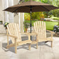 Natural wood two-person Adirondack bench with black umbrella and two slatted chairs.