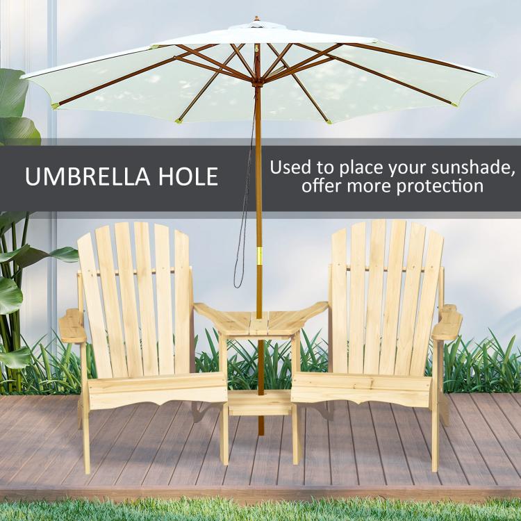 Natural wood two-person Adirondack bench with built-in umbrella hole and central umbrella stand.