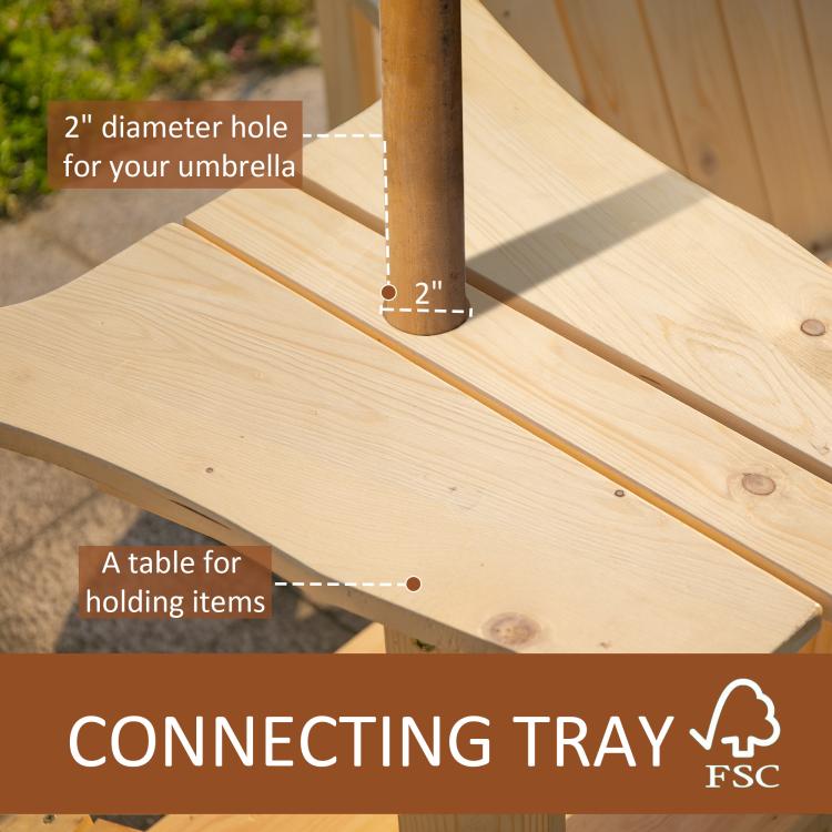 Close-up of natural wood umbrella hole and connecting tray on two-person Adirondack bench.