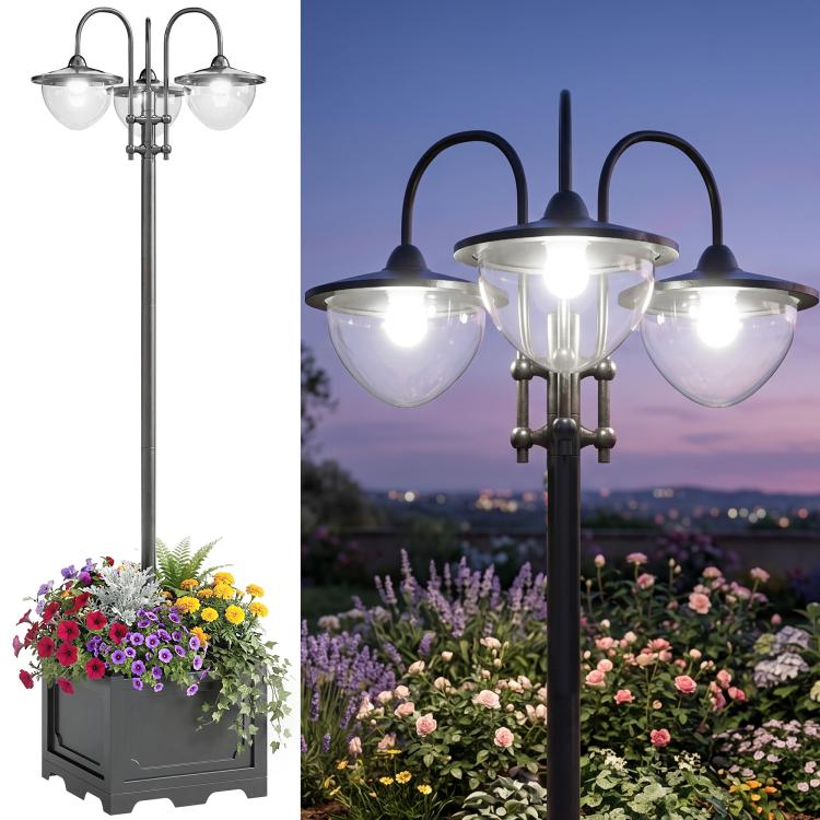 Three-head solar lamp post light with dark metal frame and frosted glass shades