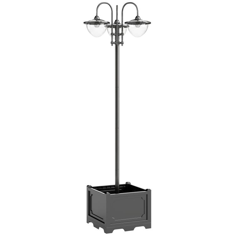 Solar lamp post light with three glass lantern heads and rectangular planter base