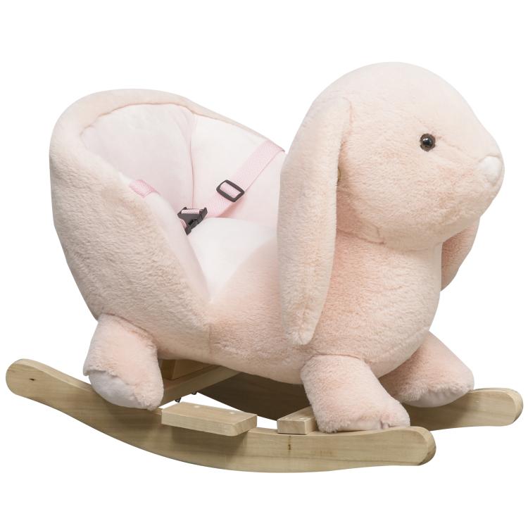 Pink plush rabbit rocking horse with wooden rocker base and cushioned seat