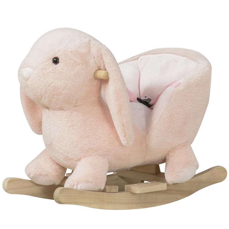 Pink plush rabbit rocking horse with wide cushioned seat and wooden rockers