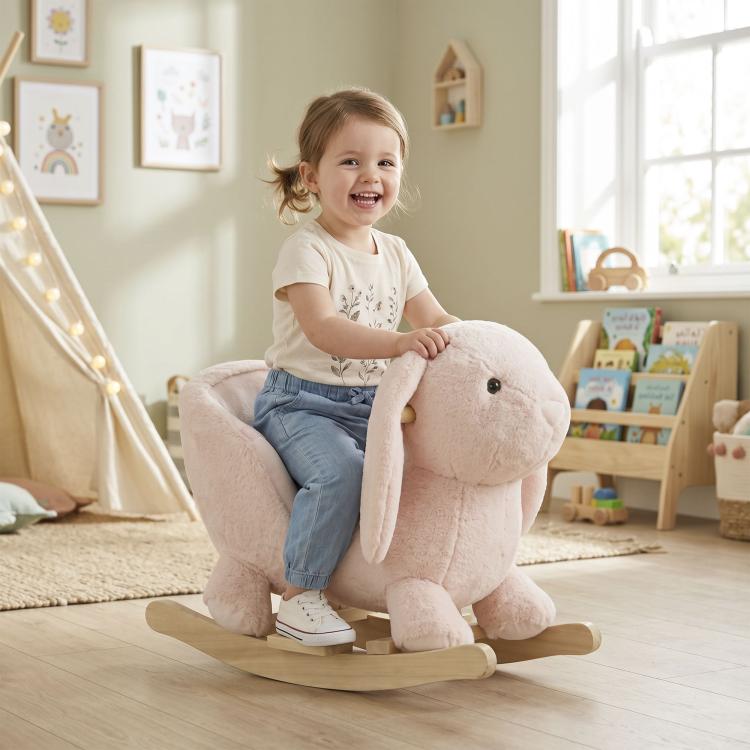 Pink plush rabbit rocking horse with wooden base, toddler seated and smiling