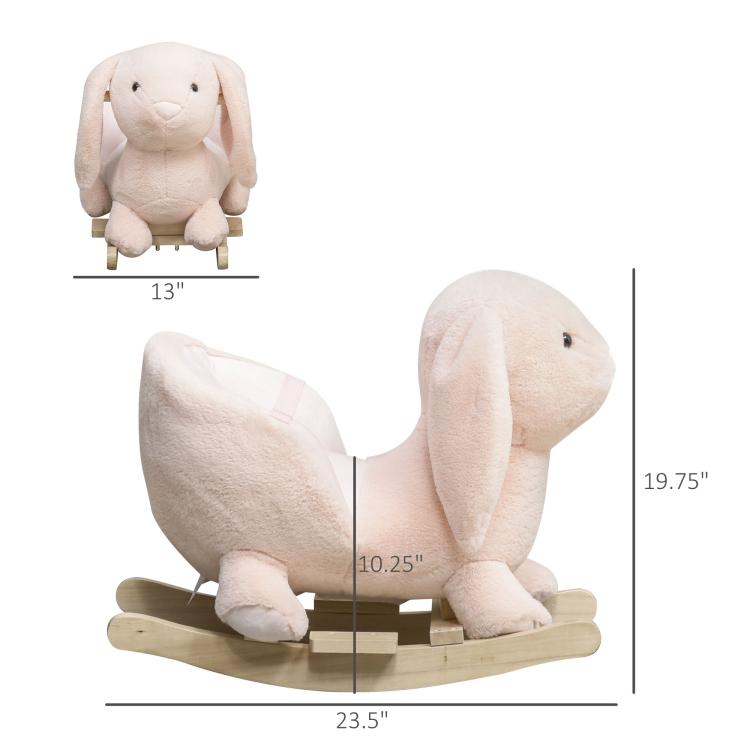 Plush rabbit rocking horse with wooden rocker base, front and side view