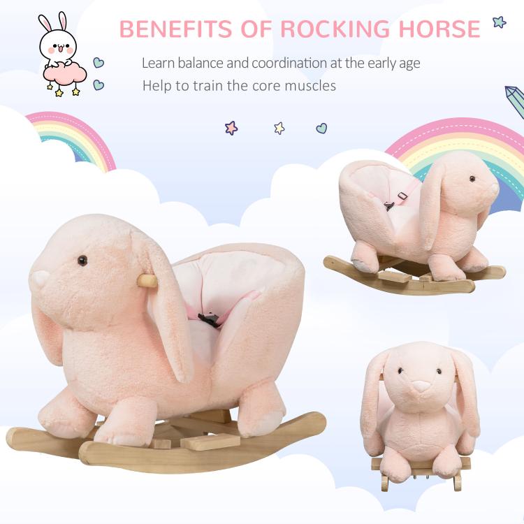 Plush rabbit rocking horse with wooden rockers and safety belt on seat
