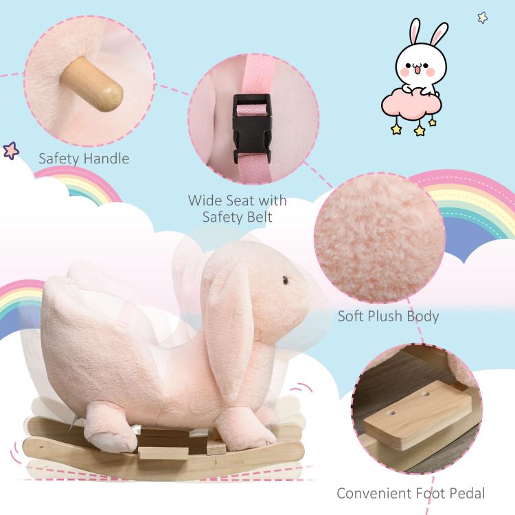 Plush rabbit rocking horse with safety handle, seat belt, and wooden foot pedal