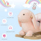 Plush rabbit rocking horse with soft body and wooden rocker base