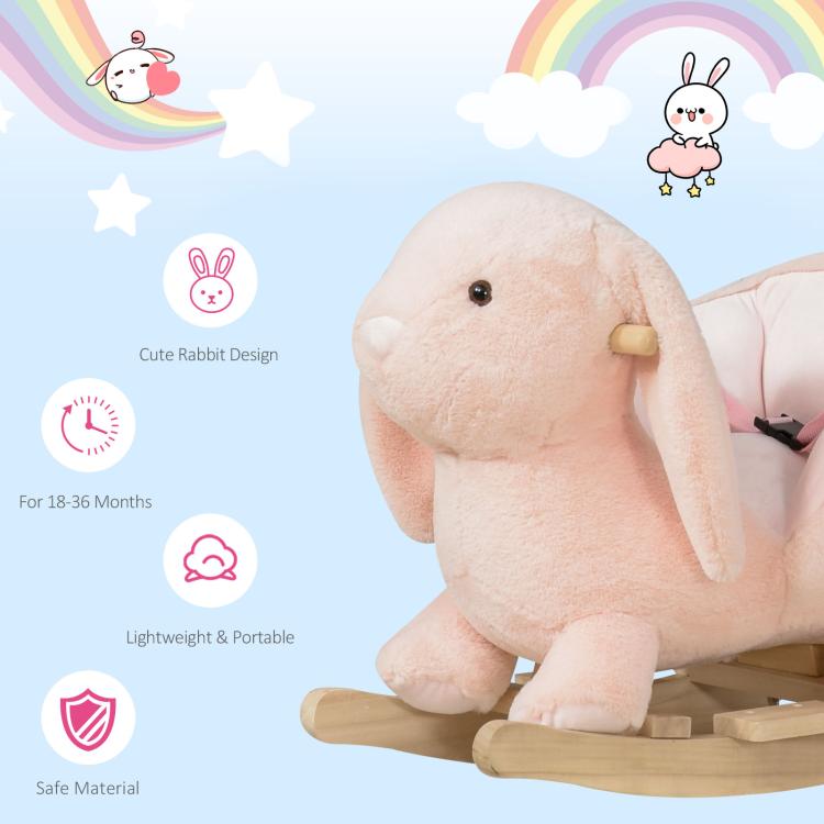 Plush rabbit rocking horse with soft body and wooden rocker base