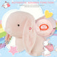 Plush rabbit rocking horse with press-to-sound detail and wooden rocker base