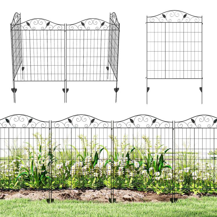 Black folding metal garden fence panel with decorative scroll top and ground stakes