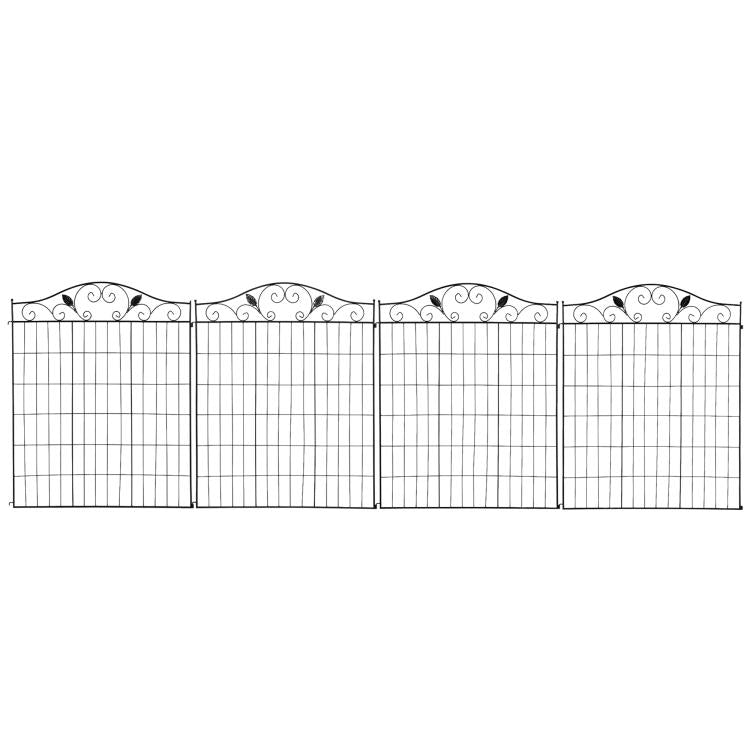 Set of four black folding metal garden fence panels with scrollwork tops