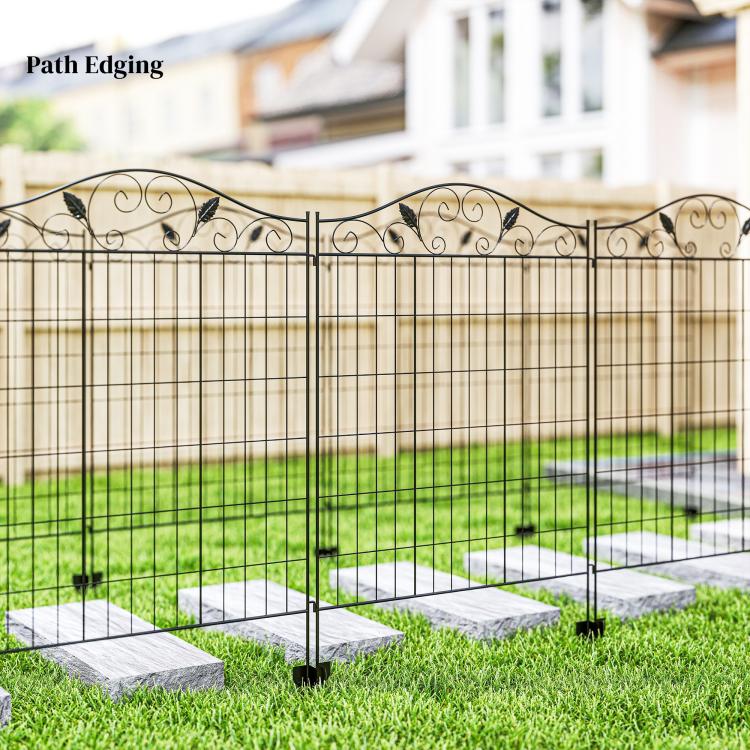 Dark metal folding garden fence with scroll-top, grid panels and ground stakes