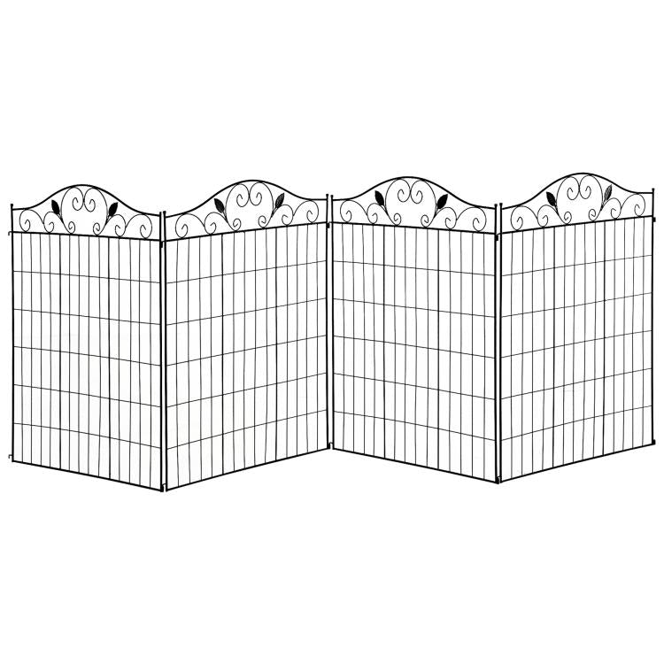 Black folding metal garden fence panels with scroll-top and wire grid, corner layout