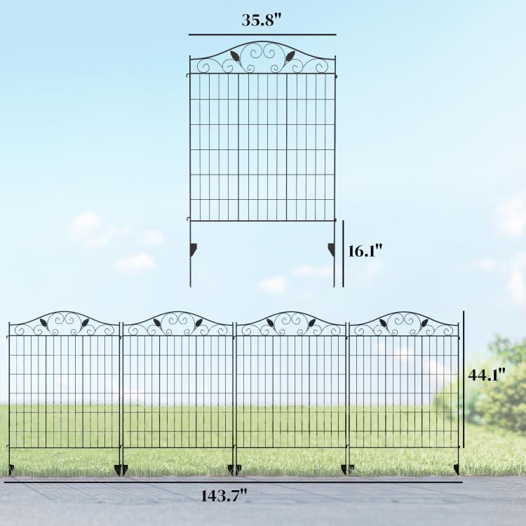 Folding garden fence size diagram showing 44 in height and 12 ft length