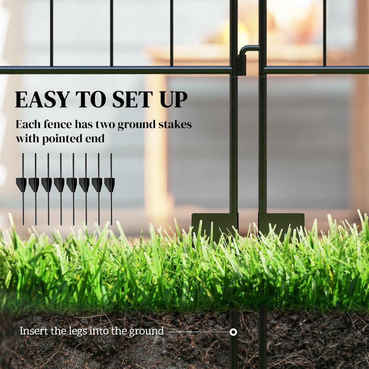 Black metal fence legs with pointed ground stakes for quick setup