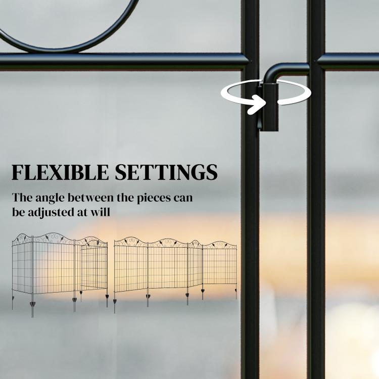 Adjustable connection on black metal folding garden fence for flexible angles