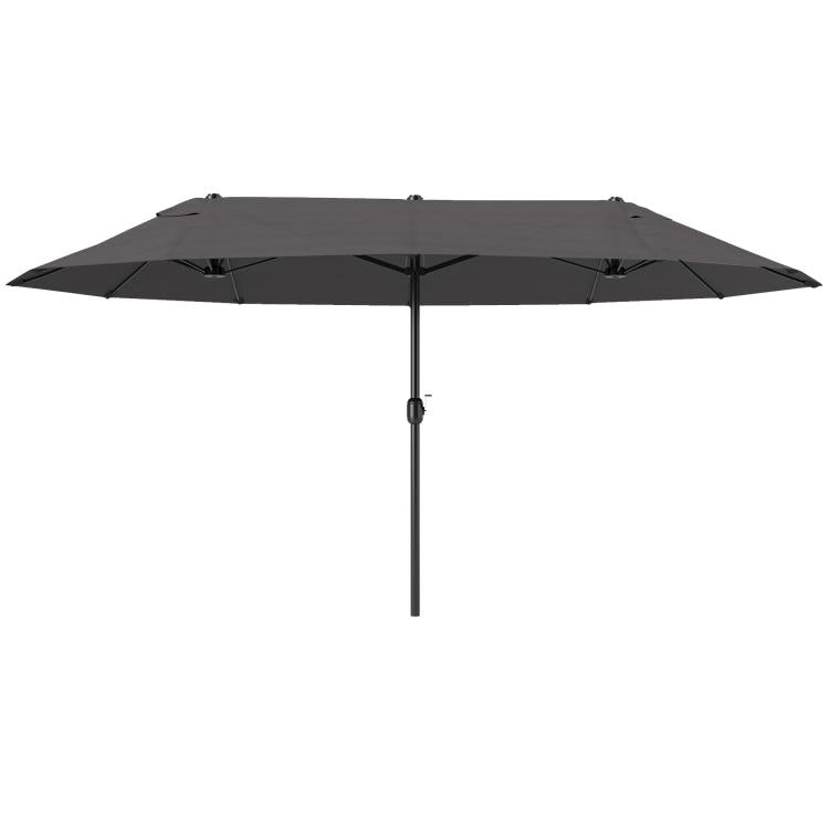 Dark gray outdoor patio umbrella with crank handle and wide open canopy