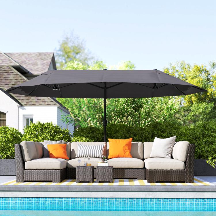 Extra-large dark gray patio umbrella with open canopy and crank lift pole