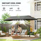 Large gray patio umbrella providing shade in a backyard patio setting