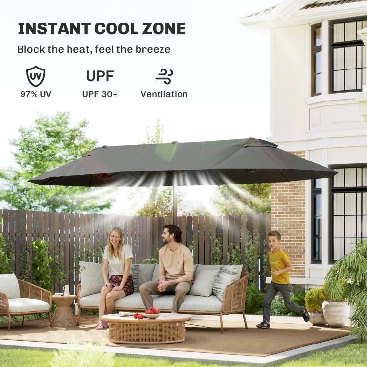 Large gray patio umbrella providing shade in a backyard patio setting