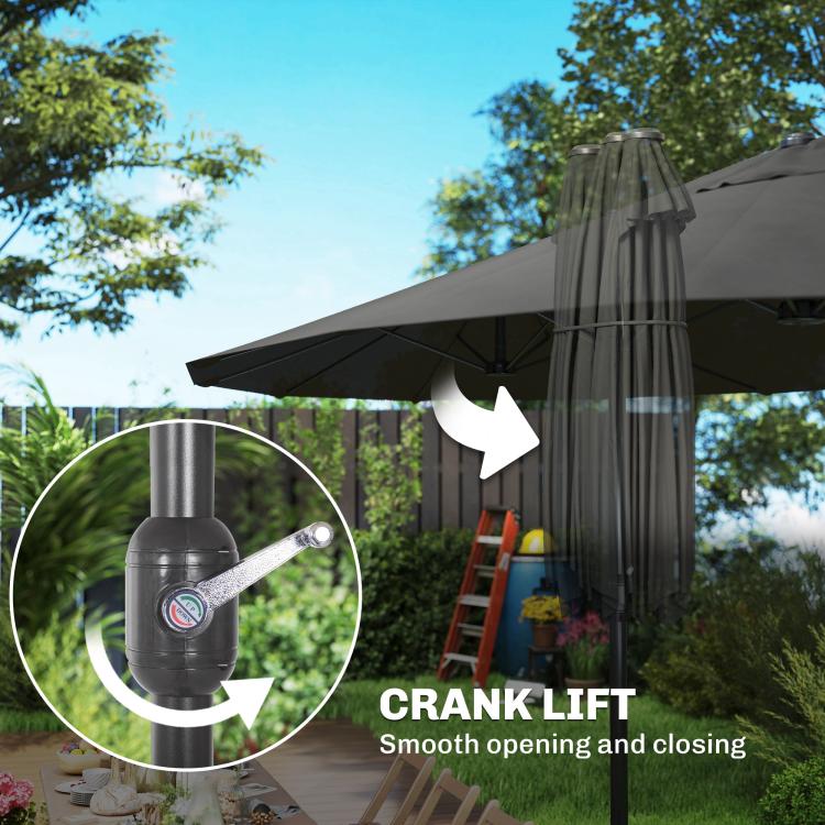 Crank lift mechanism on dark gray patio umbrella pole