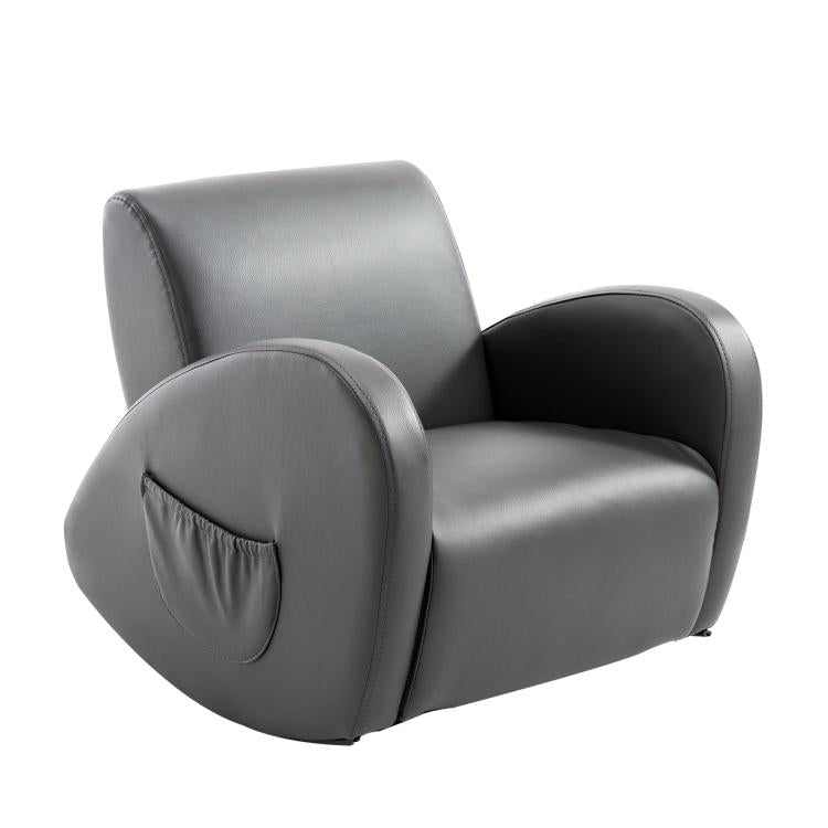Grey kids rocking armchair with side pocket, padded seat and armrests
