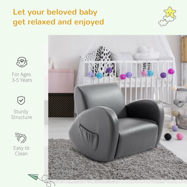 Grey toddler rocking armchair with side pocket, in a nursery play area